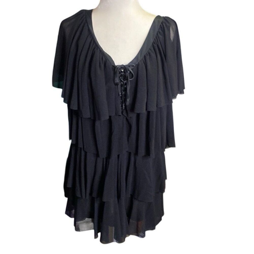 Seven7 Luxe Black Ruffle Tier Sleeveless Flutter Top Plus Size 18/20